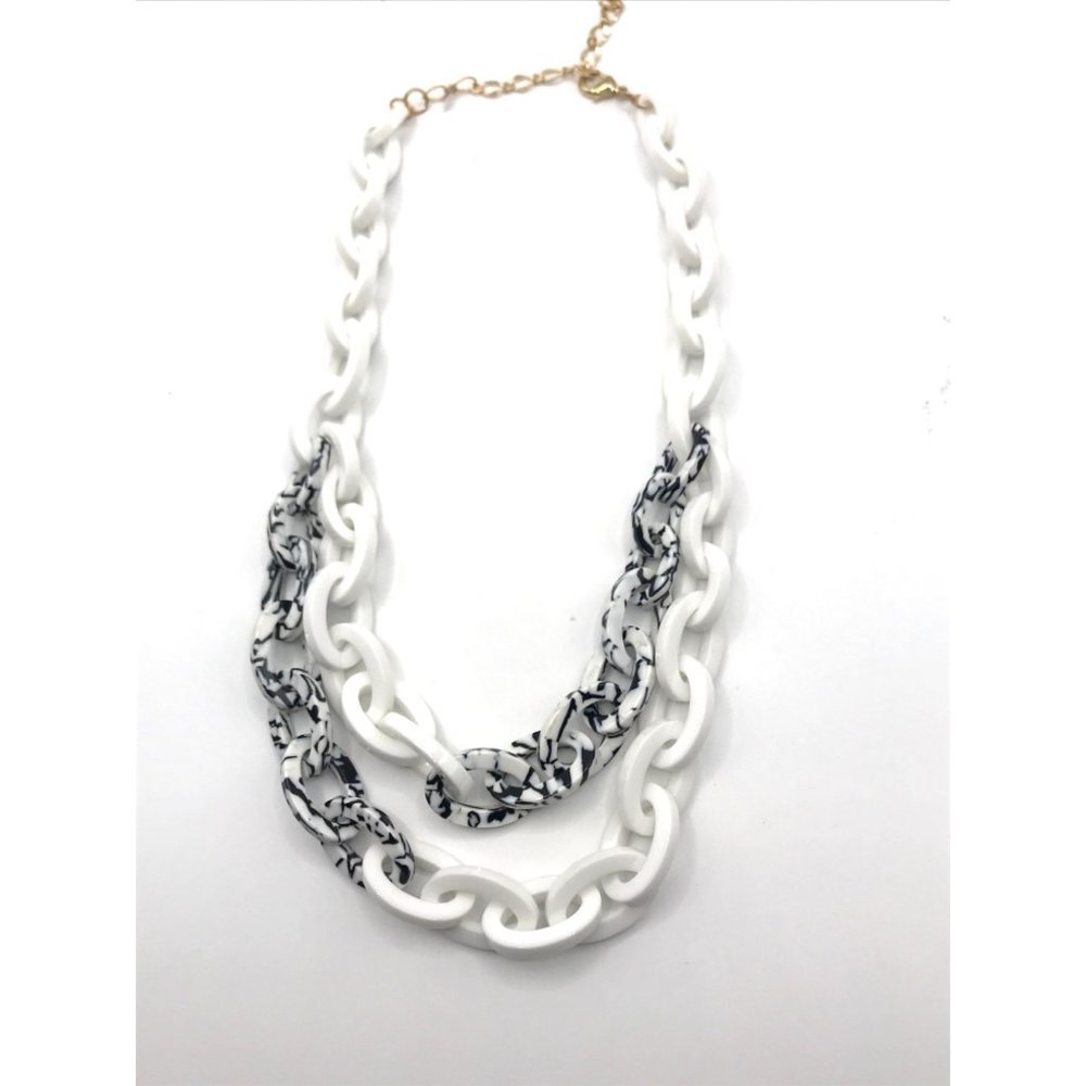White Black Marbled Acrylic‎ Plastic Chain Links Double Strand 20" Necklace NWOT